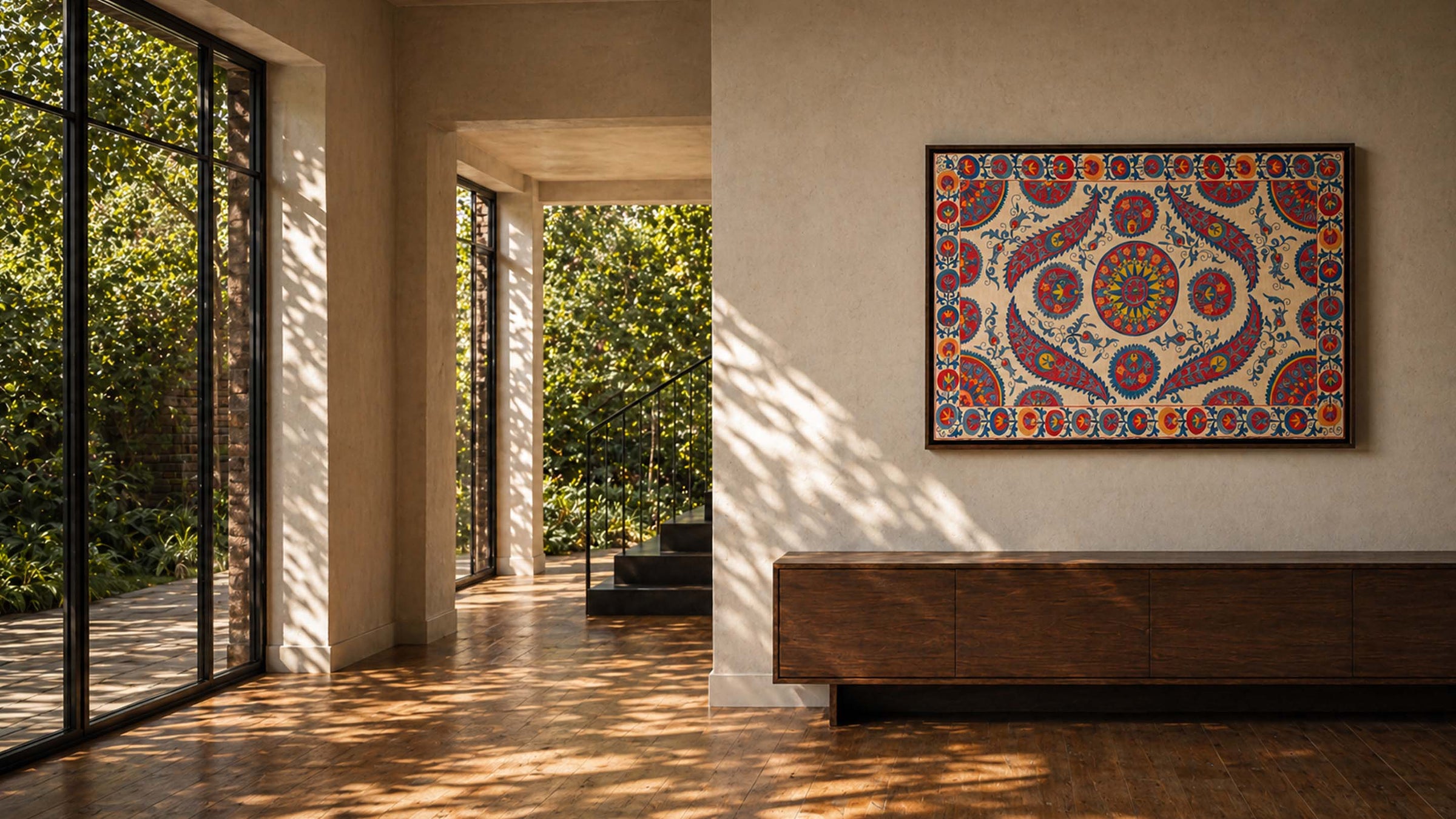 Decorative wall art in a modern room with large windows