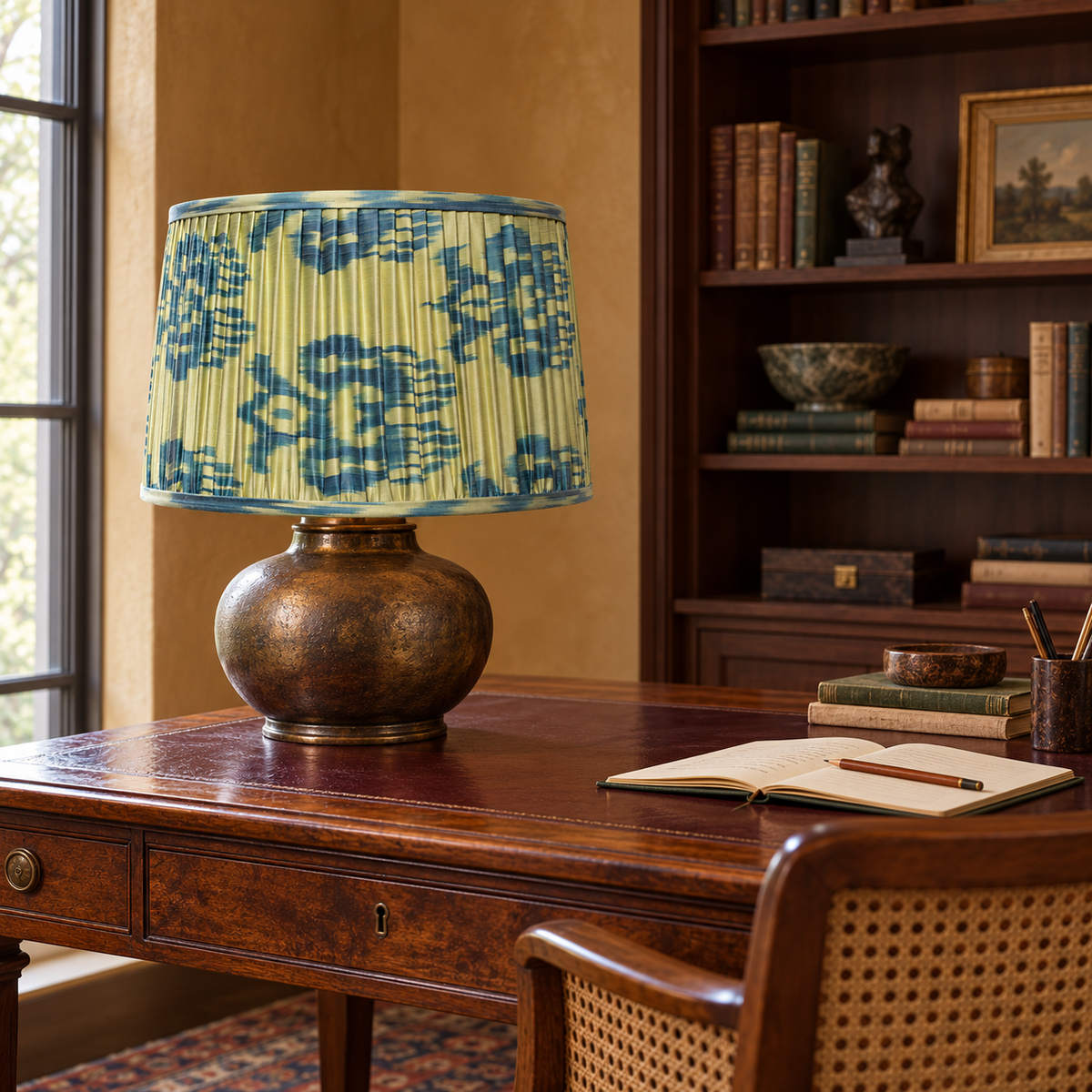 Fleur lampshade styled on a bronze-toned base at a walnut desk beside bookshelves; illustrative study setting.