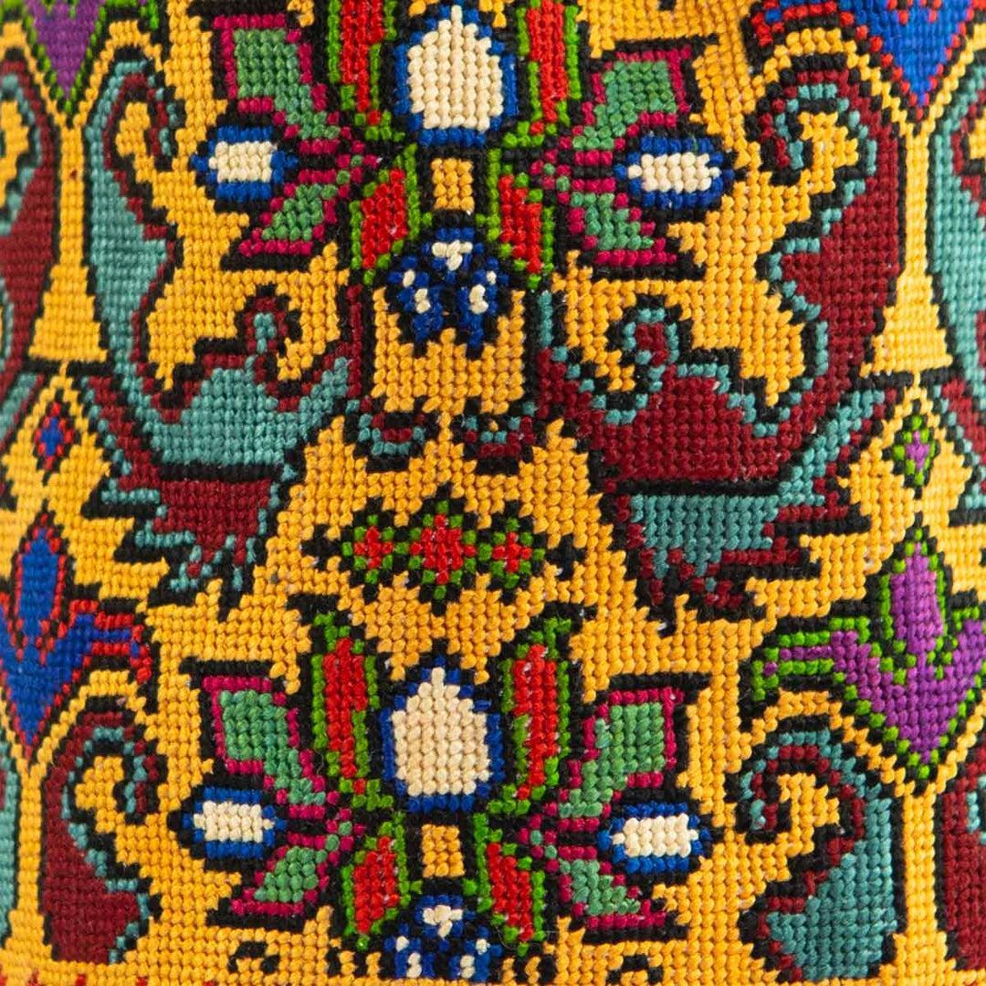 Close up view of Mekhann's multicoloured embroidered floral bucket bag, displaying the smaller details and design the bag has.