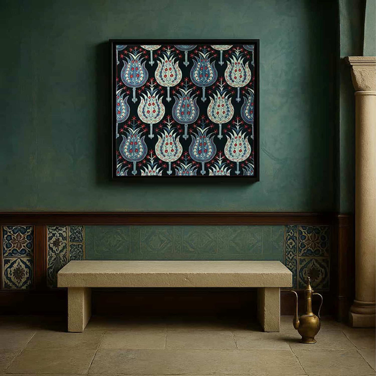 Framed square tulip-pattern textile artwork on a dark green wall above a stone bench, with a black frame and blue, ivory, and red details.