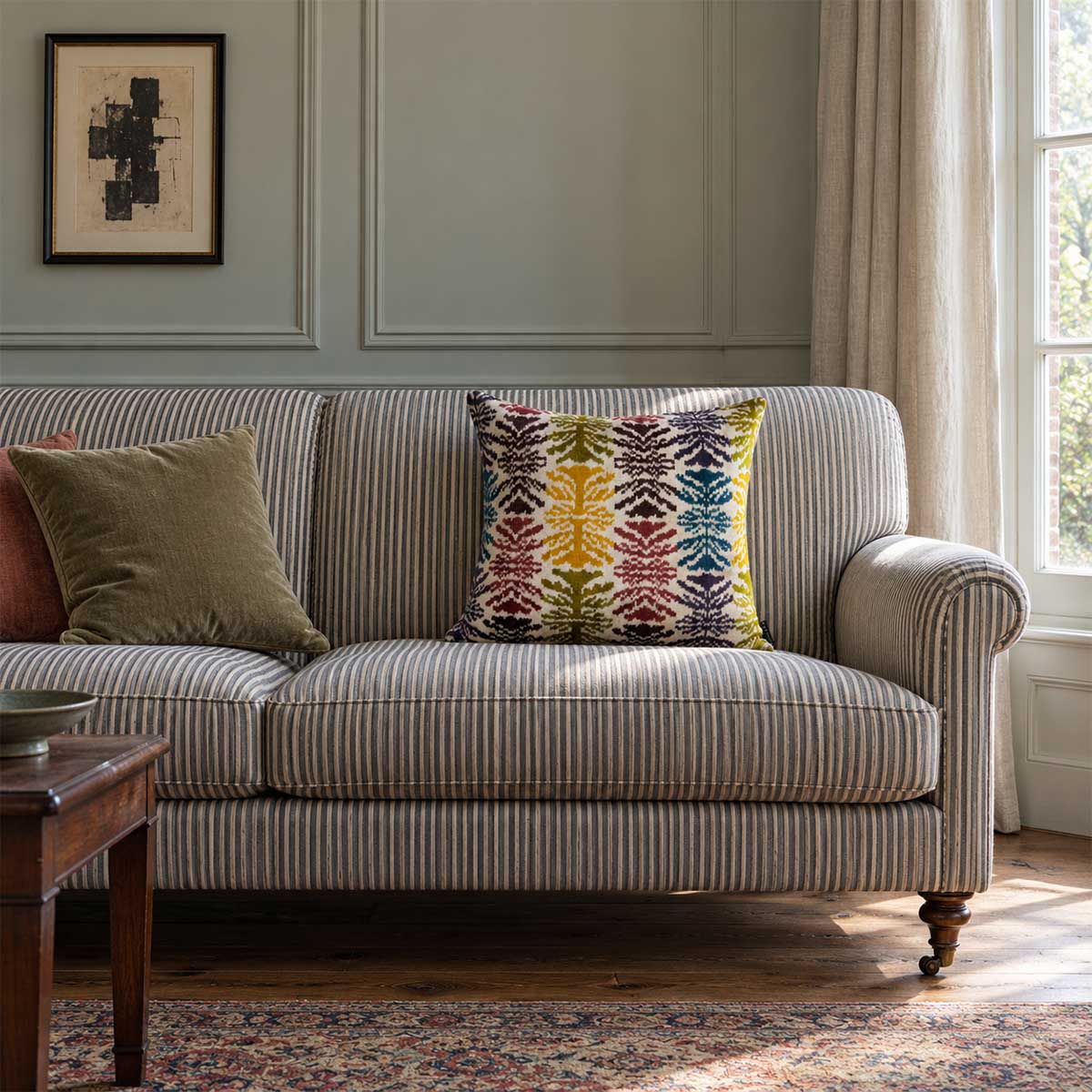 Frond Cushion in Ivory on a striped sofa beside a window. 