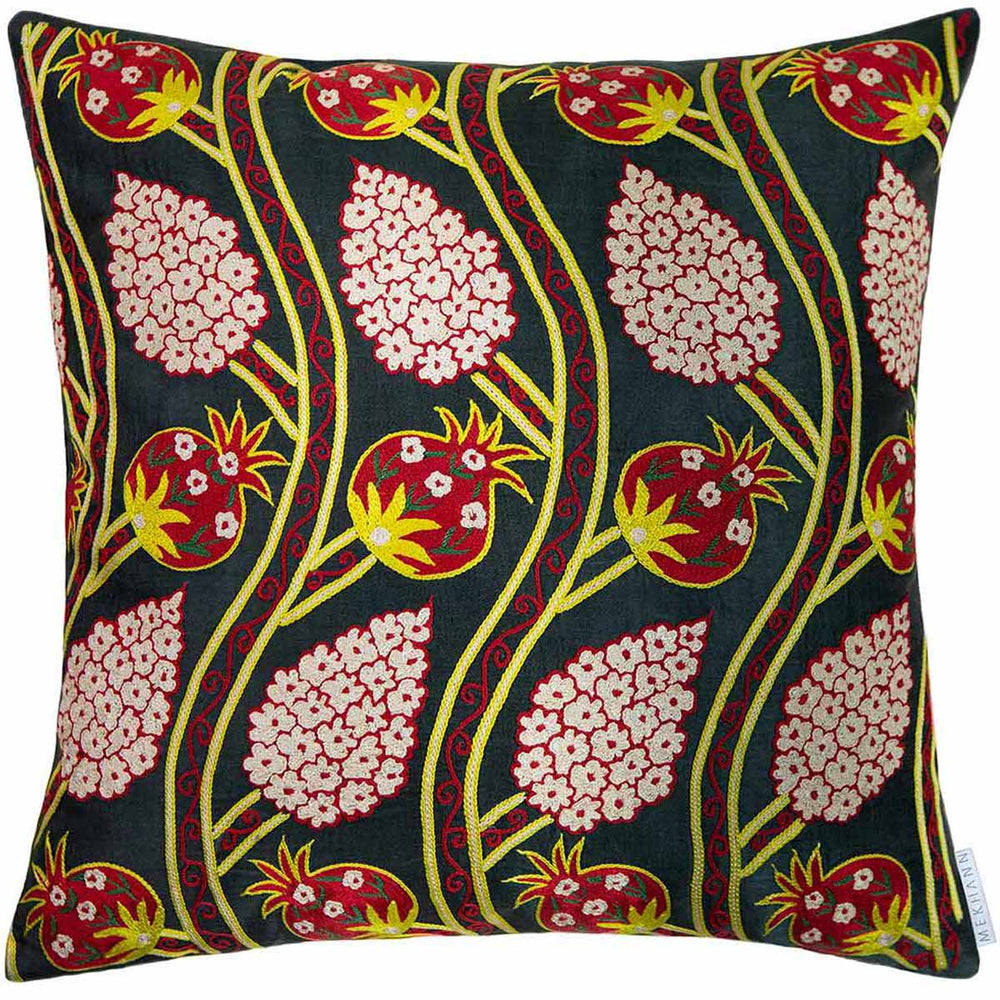 Front view of Mekhann's black grapes and pomegranates embroidered cushion, where we can see the full design including a display of pomegranates, grapes and vines which have all been had embroidered using silk yarns.