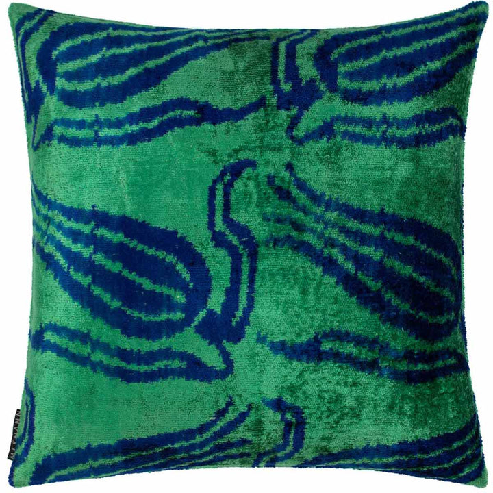 Front view of Mekhann's green tulips velvet cushion, presenting a collection of velvet tulip patterns in navy blue against a deep green.