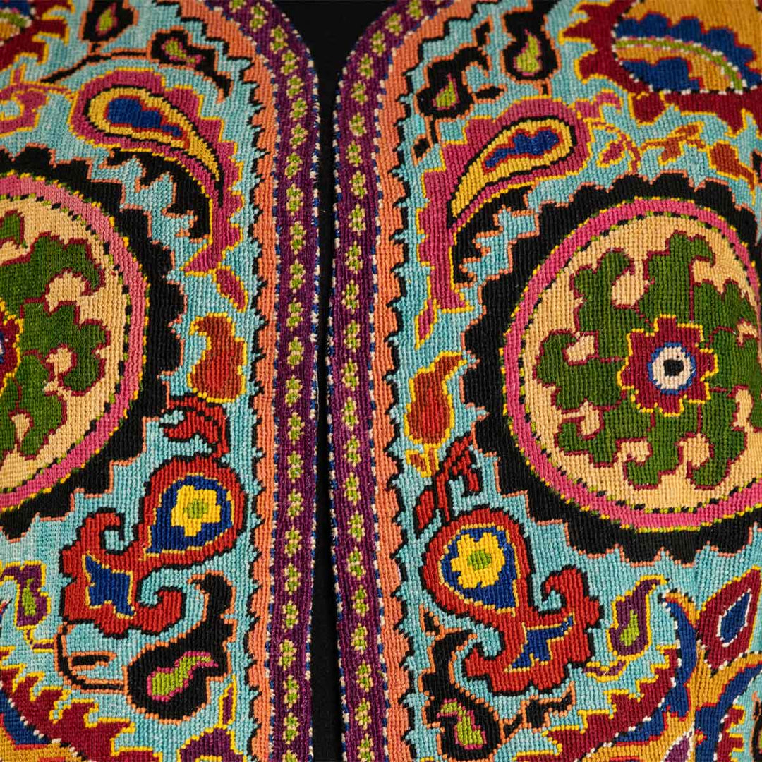 Detailed view of Mekhann's fully embroidered plena consuta jacket, showing the centre area of the jacket and revealing the fully embroidered trim on the jacket surrounded by floral and medallion motifs.