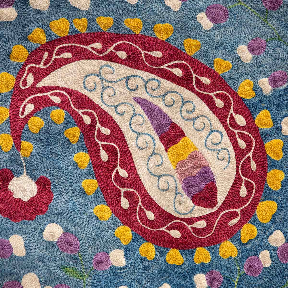 Detailed view of Mekhann's fully embroidered lividus kaftan in navy, revealing a colourful statement motif in yellow, red, white, and purple silk threads.