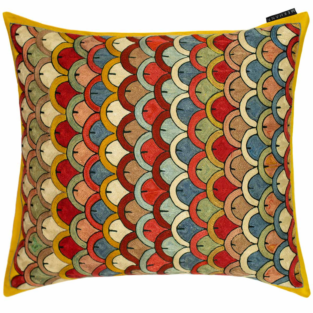 Horizontal front view of Mekhann's yellow Domes silk fully embroidered cushion, showing how the cushion would look if placed horizontally, giving a better idea of the cushions versatility.