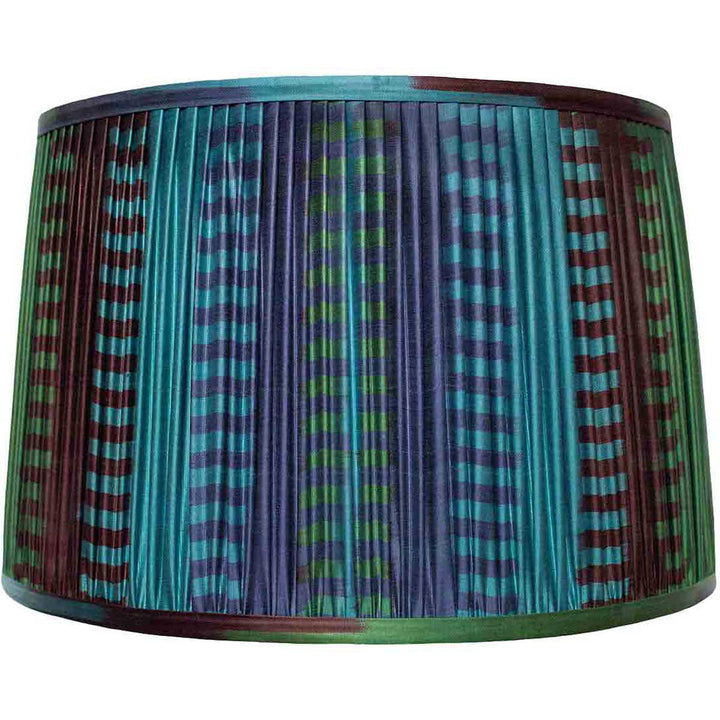Large blue and green ikat silk lampshade by Mekhann, a striking piece hand-pleated using sustainable dye techniques for a bold décor statement.