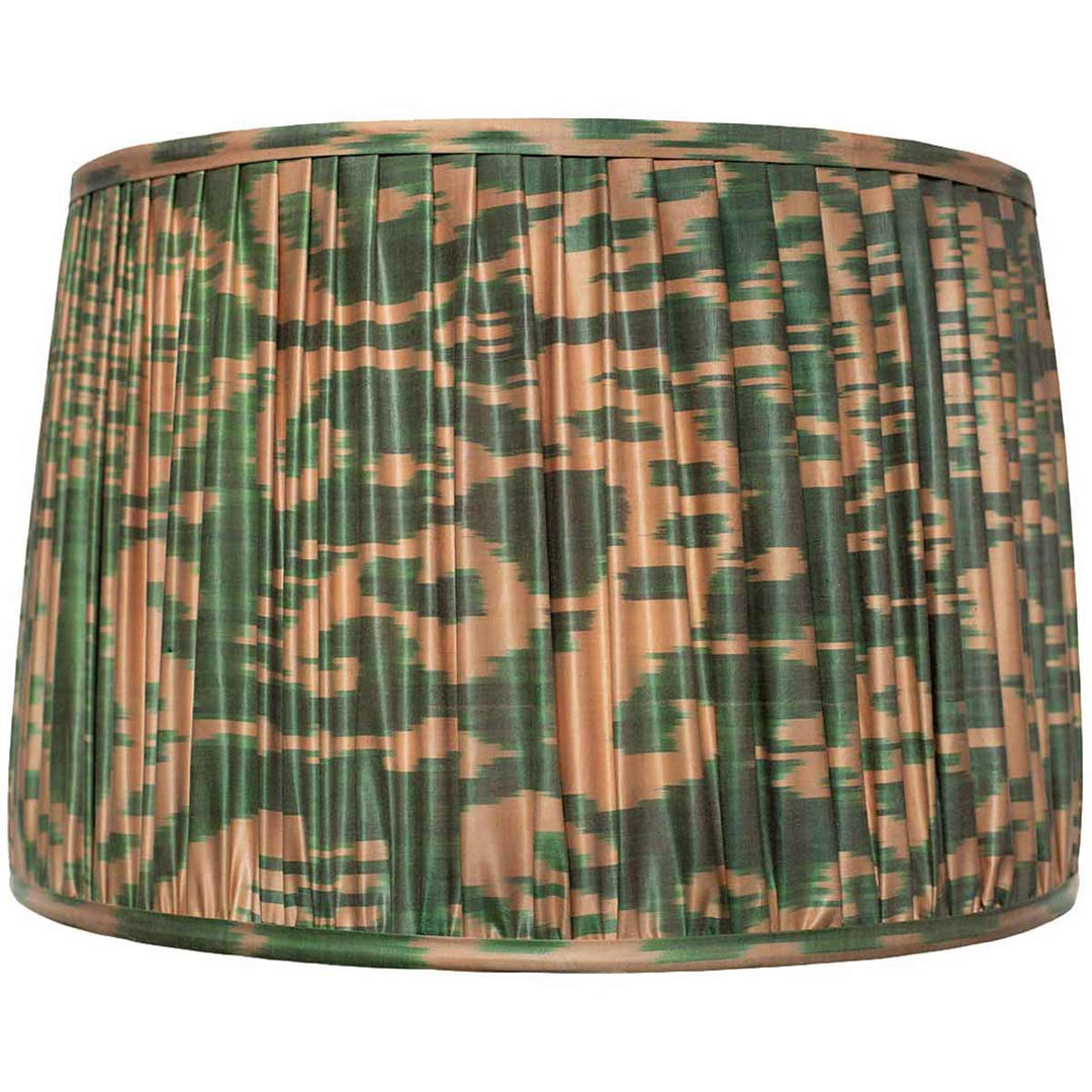 Mekhann's larger-sized emerald and beige ikat lampshade, perfect for statement lighting in luxury interiors.