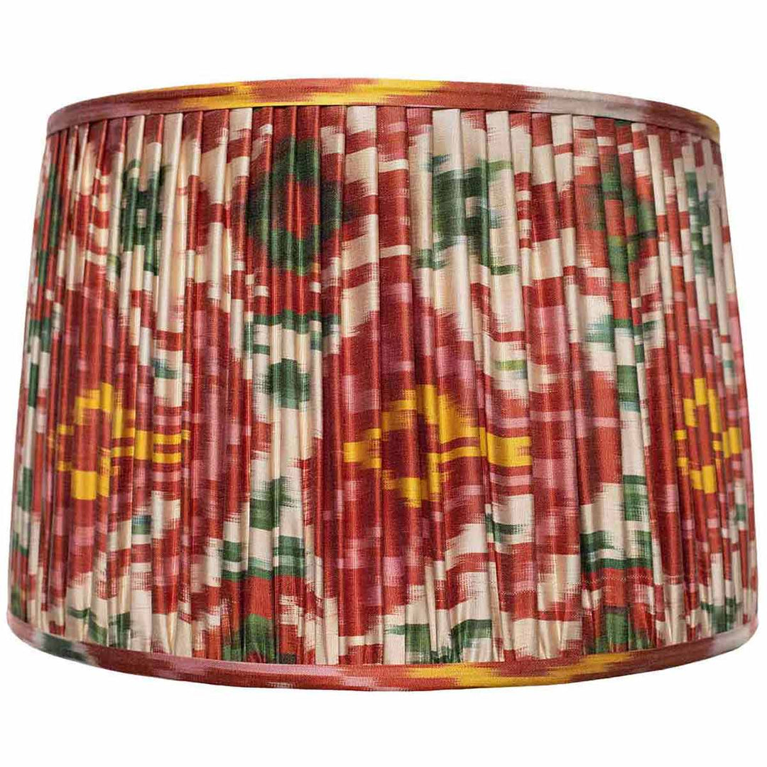 Large multicolour ikat silk lampshade by Mekhann, a statement home accessory handcrafted with a spectrum of sustainable dyes.