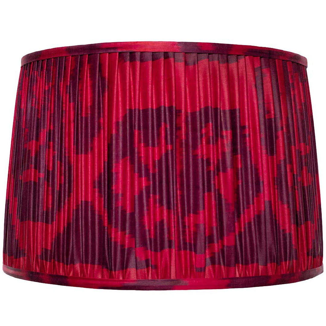 Mekhann's maroon silk lampshade with a subtle ikat pattern, front view showcasing the exquisite handcrafted pleating.