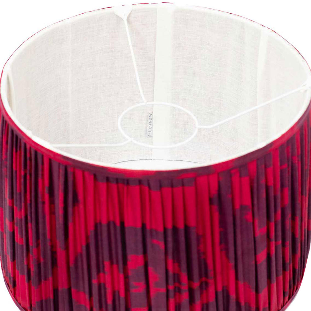 Interior perspective of Mekhann's maroon silk lampshade, highlighting the inner fabric quality and artisanal craftsmanship.