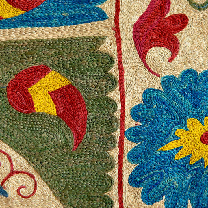 Close up view of Mekhann's multicoloured medallion throw, revealing the fine stitch work that has created this full embroidered throw.