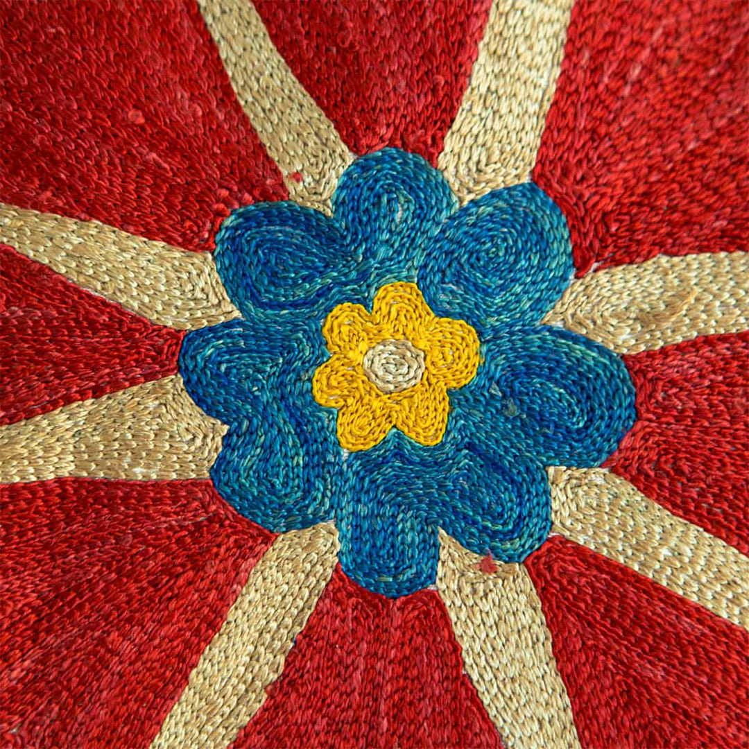 Close up view of Mekhann's multicoloured medallion throw, showing the centre area of the medallion motif, where you can really see the craftsmanship and attention to detail that has gone into this throw.