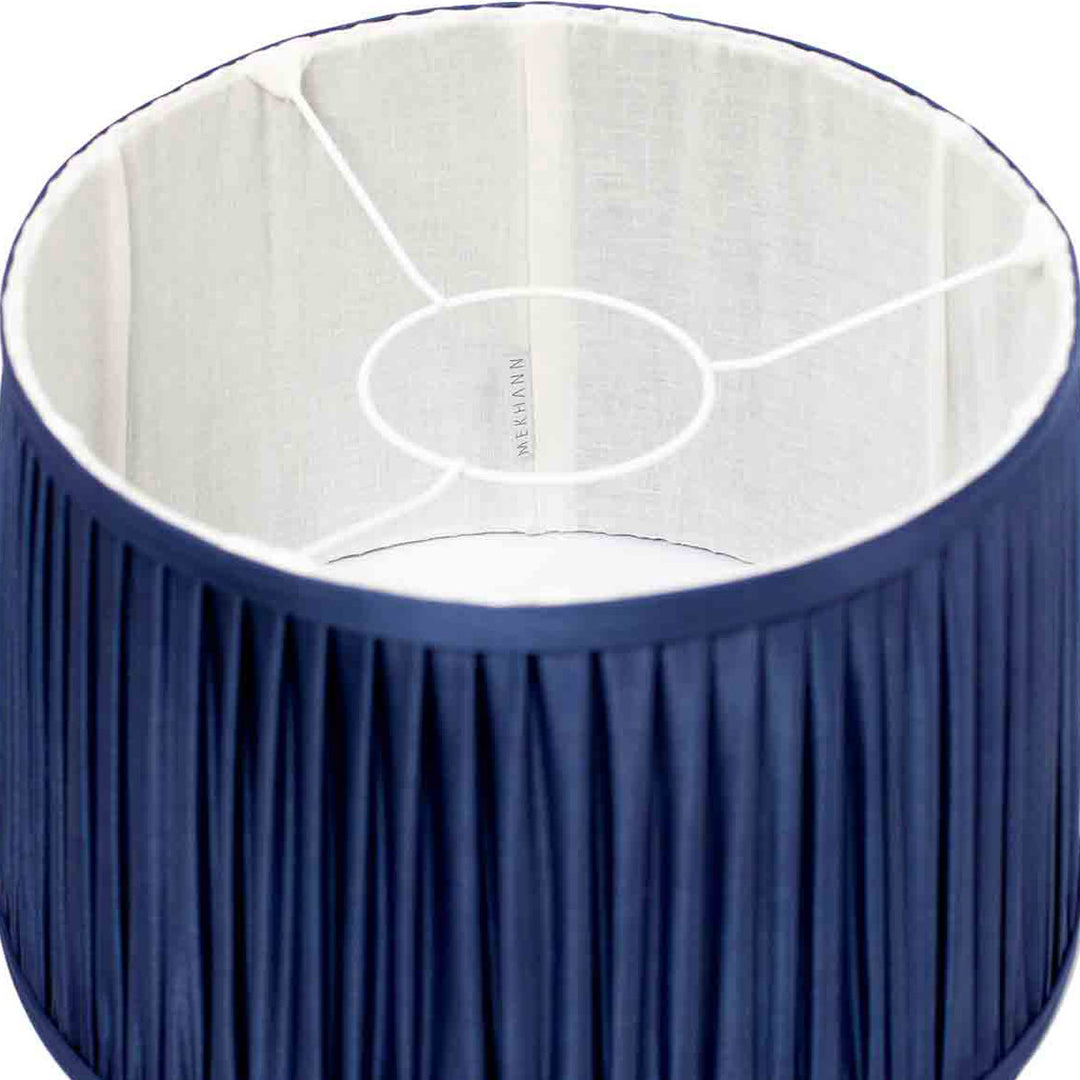 Inside look at Mekhann's navy silk lampshade, showcasing the exquisite inner lining and quality.