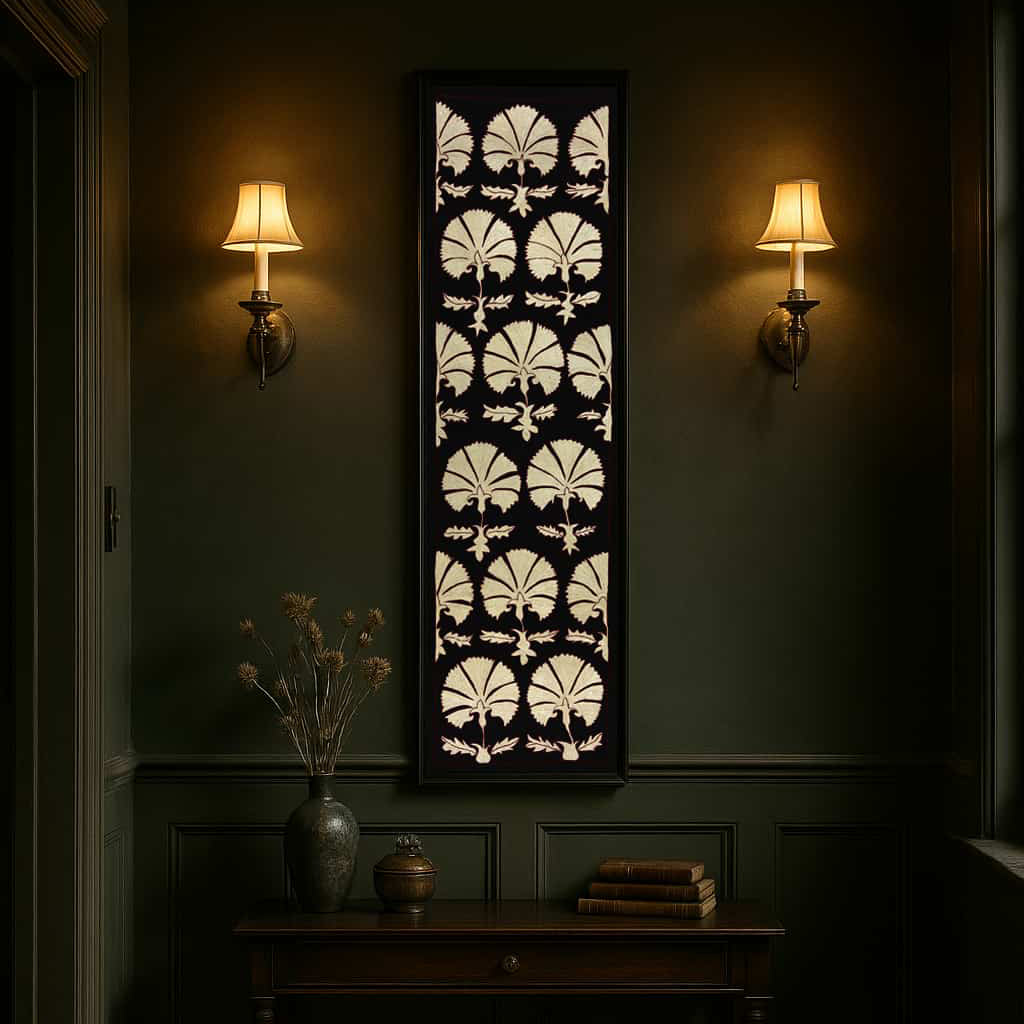 Framed vertical embroidered silk artwork with repeating ivory carnation motifs on a black ground, styled on a dark green wall between two brass wall lamps above a console table.