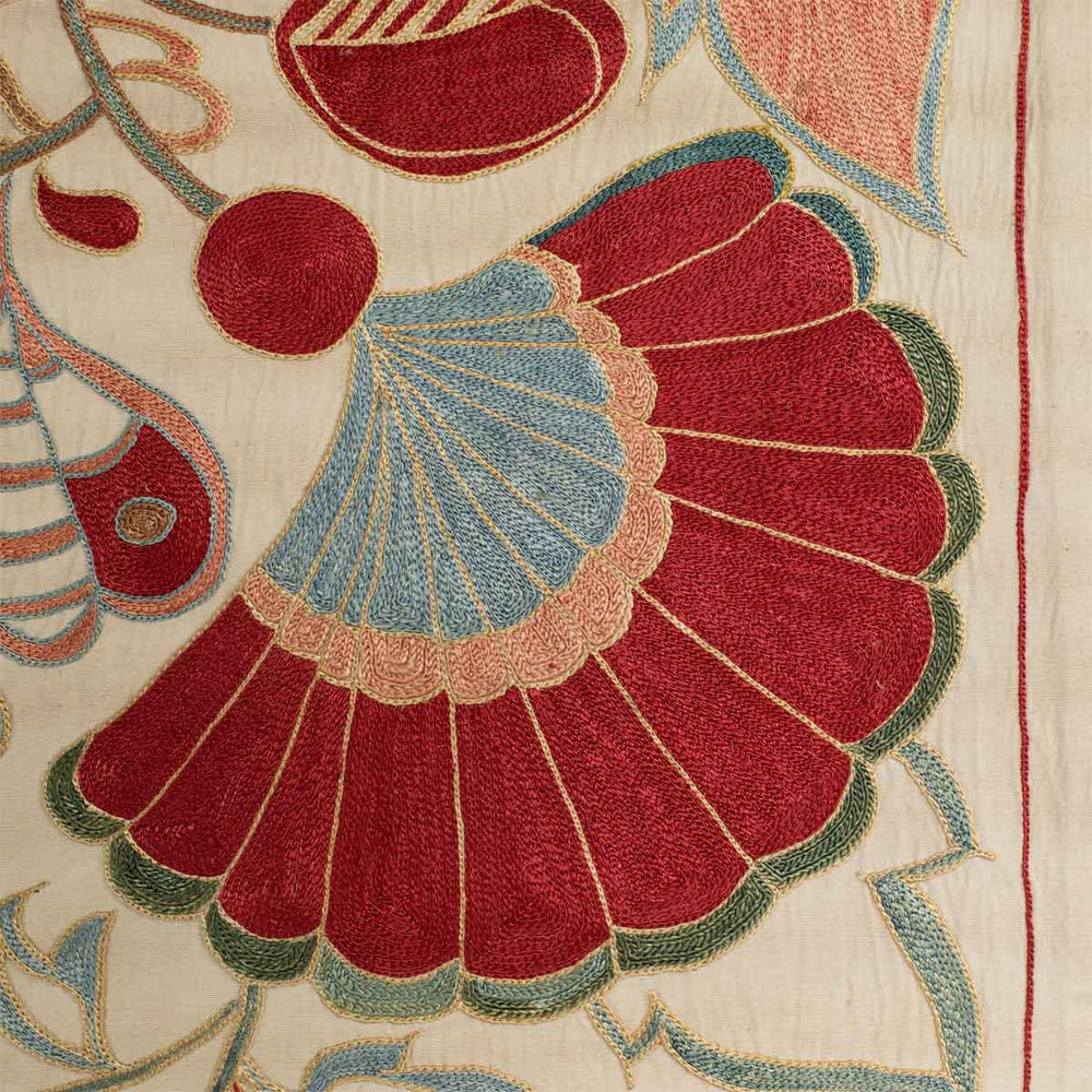 Close up view of Mekhann's cream petals runner, highlighting the elaborate stitching and the soft interplay of colours.
