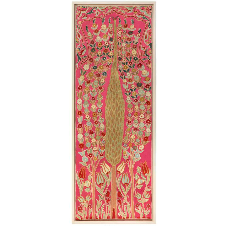 Front view of Mekhann's pink silk cypress tree artwork, displaying a colourful collection of embroidered organic formations, including flowers and leaves, surrounding the hand embroidered central cypress tree.