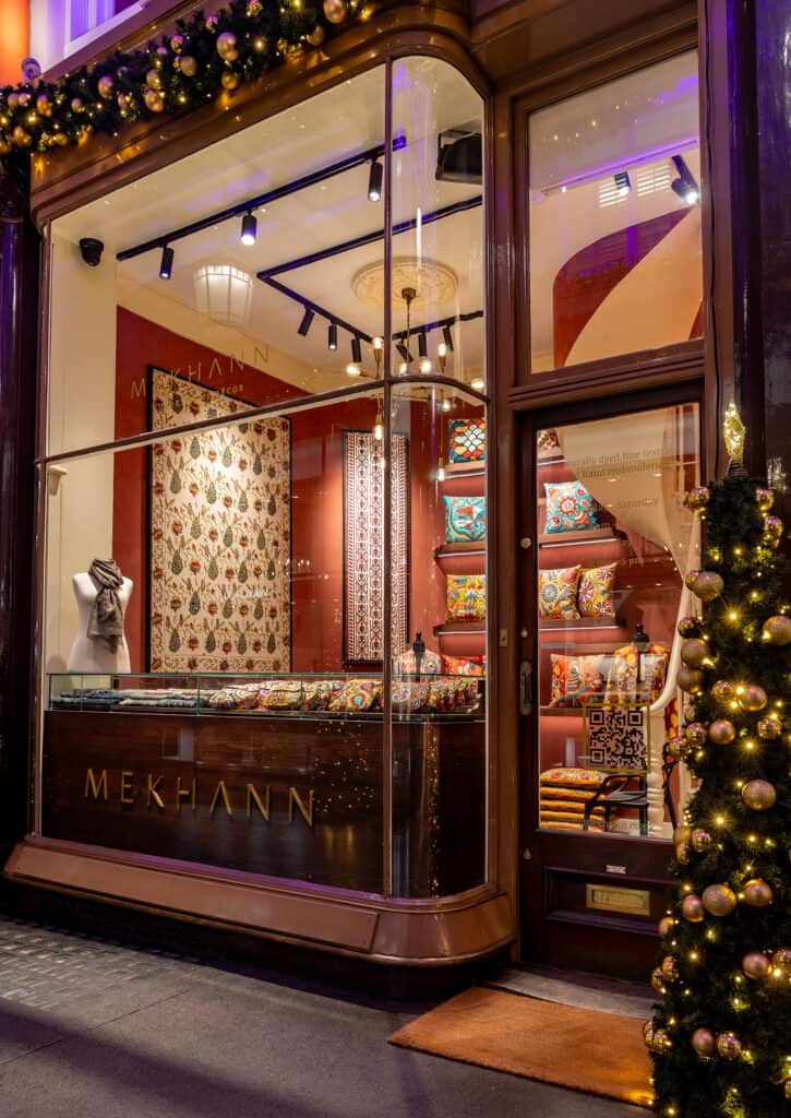 Mekhann store front with Christmas decorations