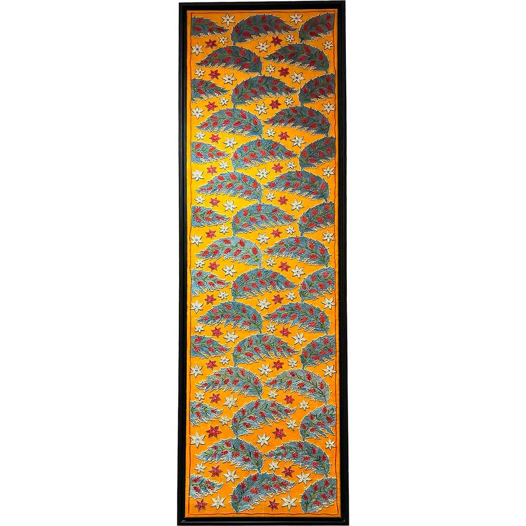 Embroidered wall art with hedgehog pattern on a yellow background