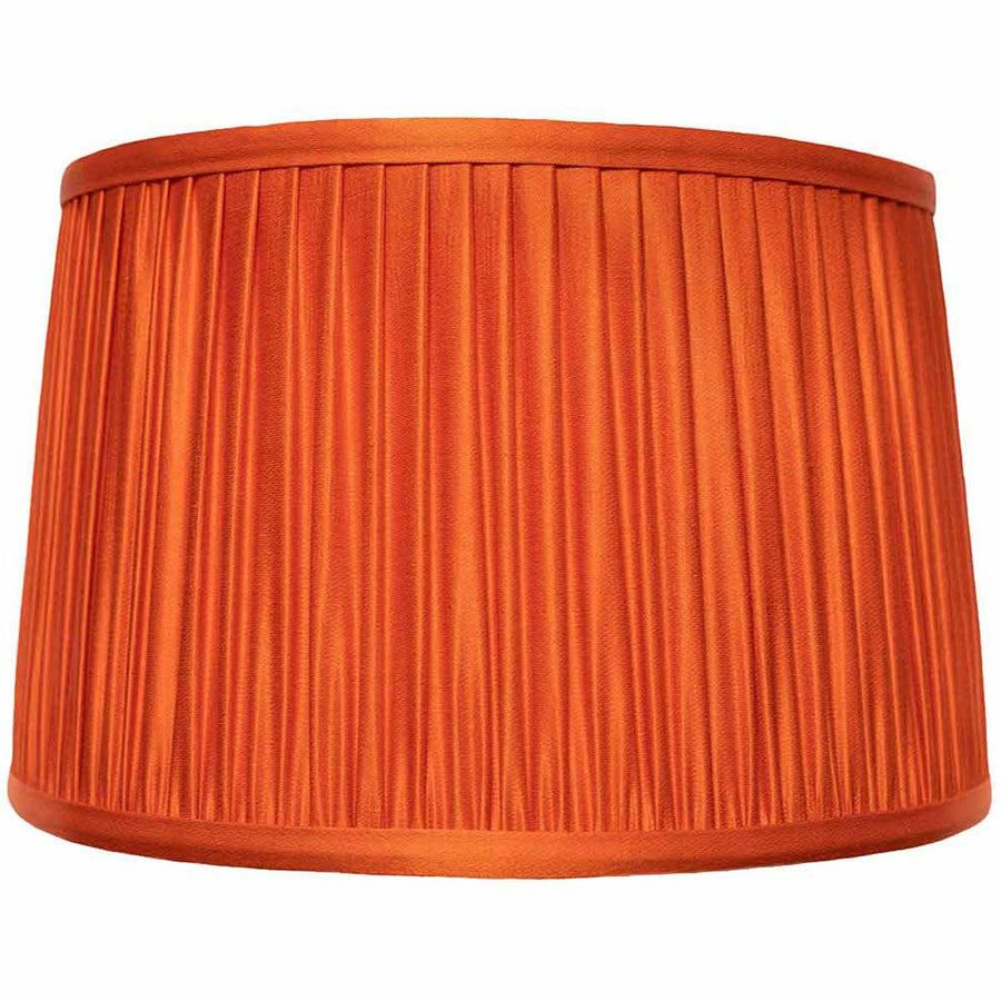 Mekhann's pure orange silk lampshade, front view highlighting the sumptuous pleated texture and vibrant colour.