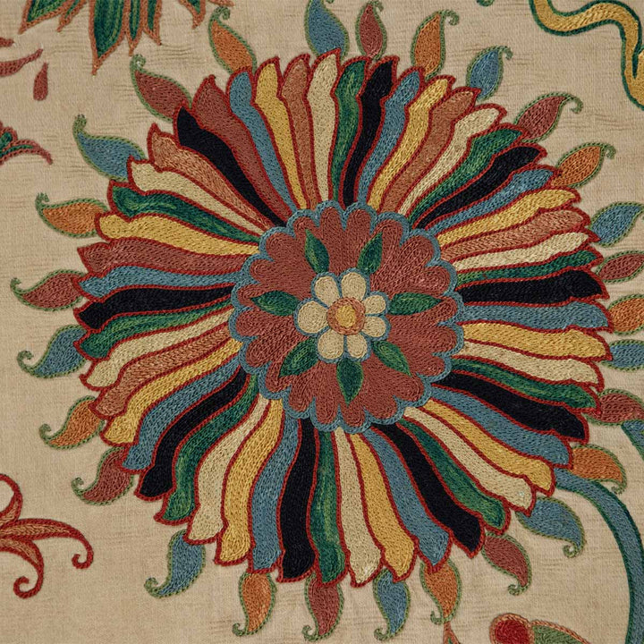 Detailed view of Mekhann's cream iznik petite throw, showcasing an elaborate floral patterns and with vibrant colour contrasts on black, green, blue and light orange.