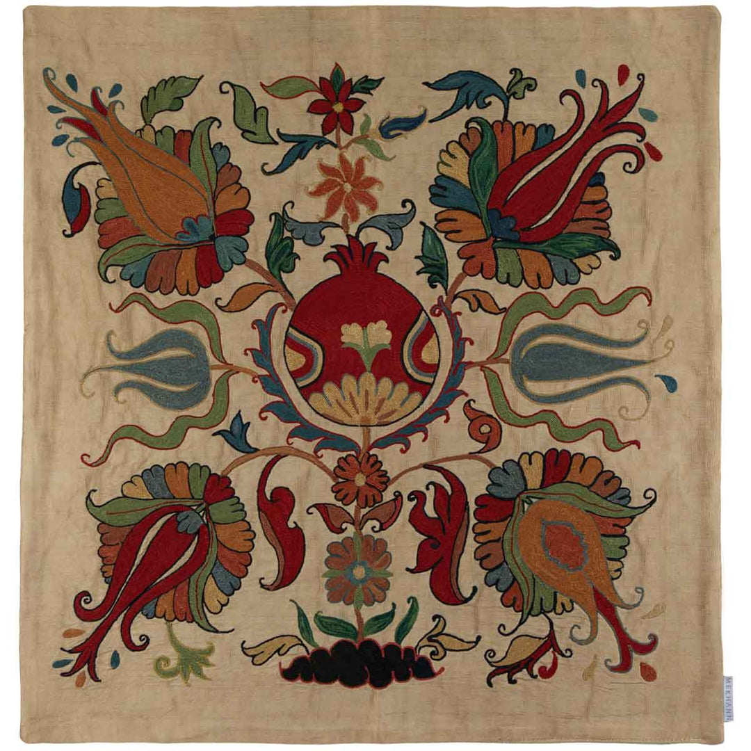 Front view of Mekhann's silk tulip petite throw, displaying a rich tapestry of tulip designs and foliate motifs in a full view, all hand embroidered on a canvas of cream coloured silk.