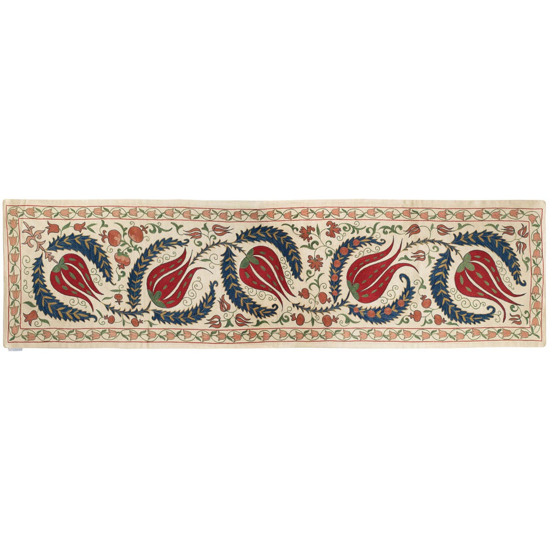 Horizontal front view of Mekhann's cream tulips runner, showing an alternate way you can use or view the runner.
