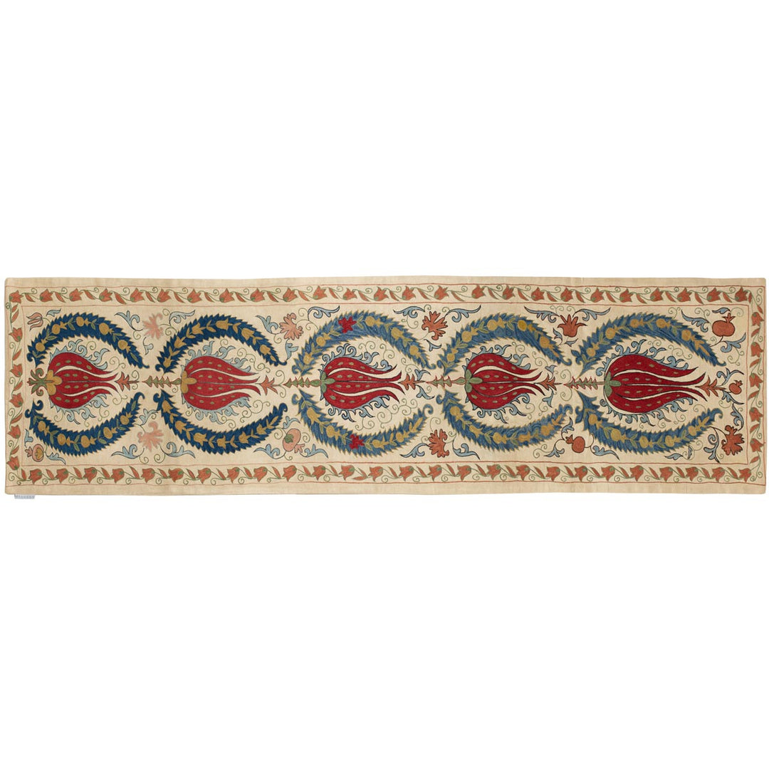 Horizontal front view of Mekhann's cream tulips runner, showing an alternate way you can use or view the runner.