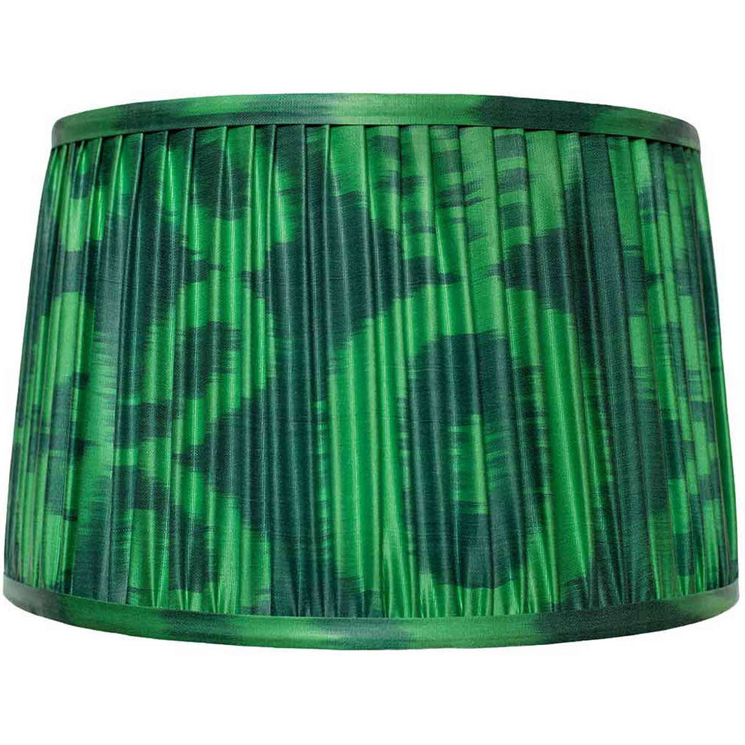 Front view of Mekhann's two-tone green ikat silk lampshade, hand-pleated with eco-friendly dyes for a fresh, natural look.