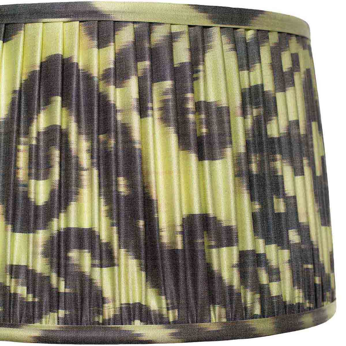 Close-up of Volute’s pleated ikat silk, scrolling motif and fabric-covered binding.